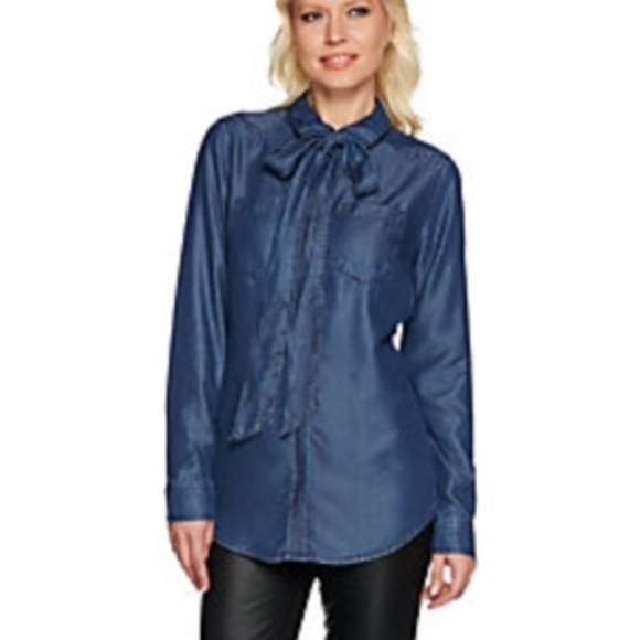 tie neck denim shirt